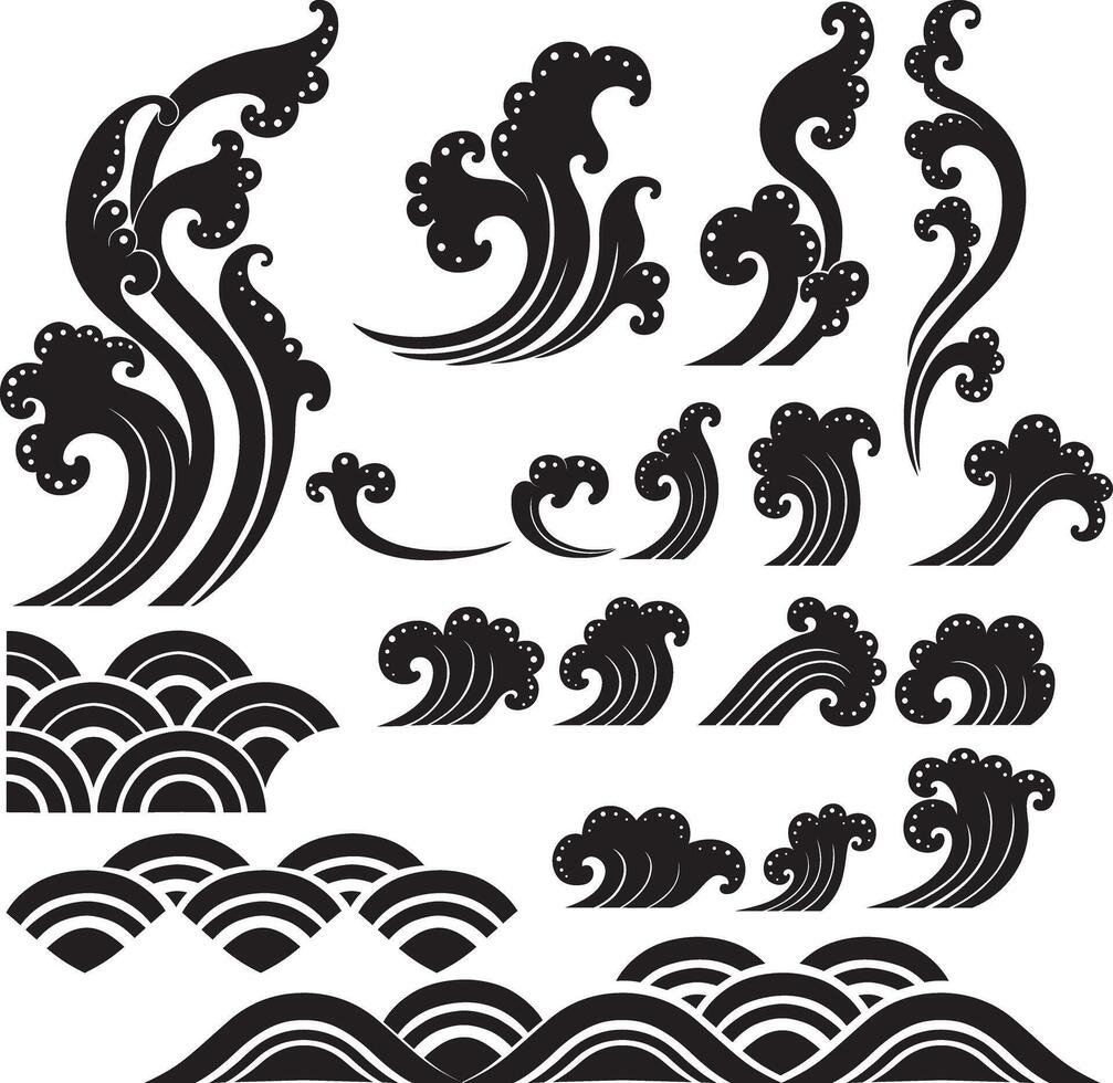 Traditional Asian Ocean Wave Patterns - Decorative Sea Elements vector