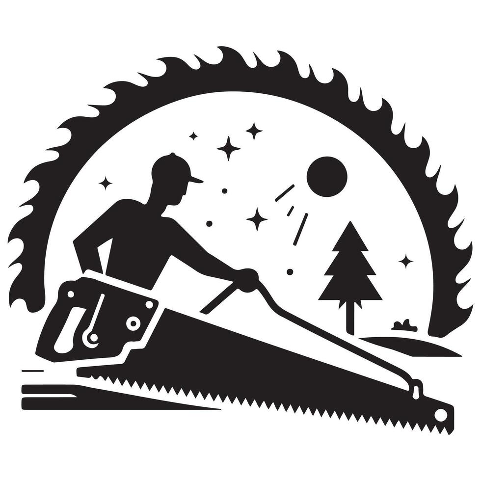 Carpenter Sawing Wood at Night vector
