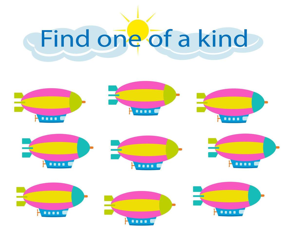 Fun education game for kids. Need to find one of a kind airship. Kids activity page. . vector