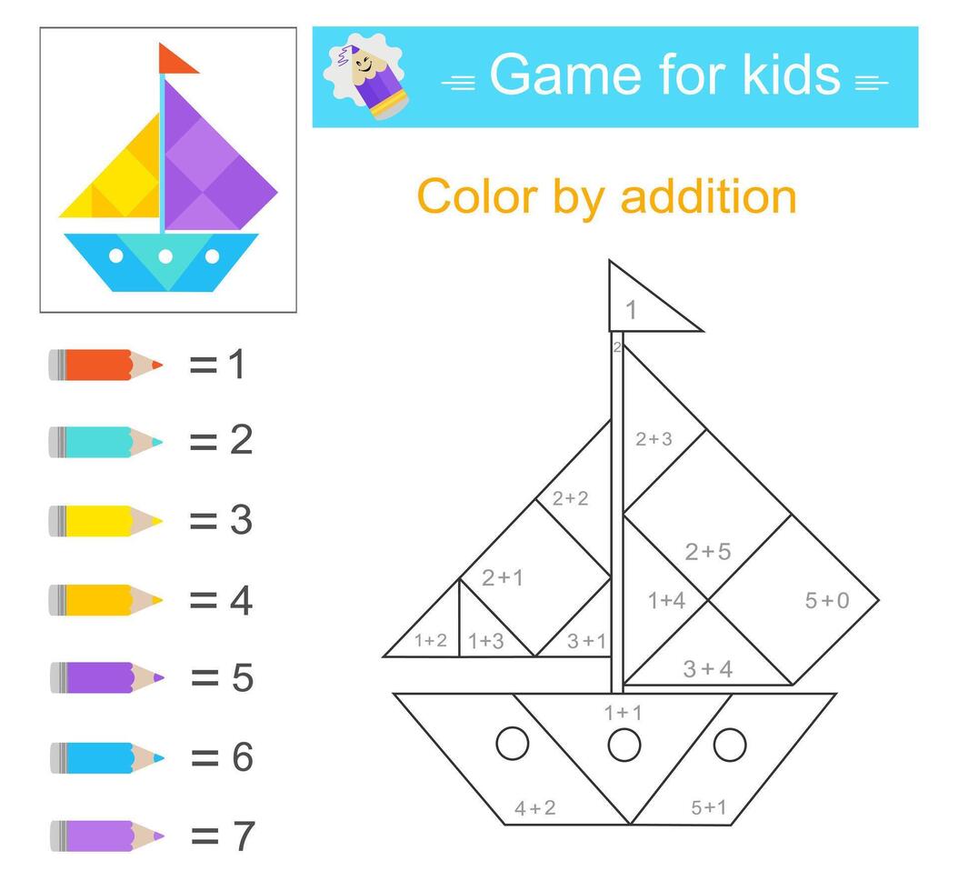 Color by addition. Math activity for kids. Developing numeracy skills. Number range up to 10 vector