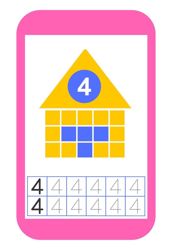 Educational material for kids. Preschool worksheet activity. Worksheet for training numbers. Number 4 vector