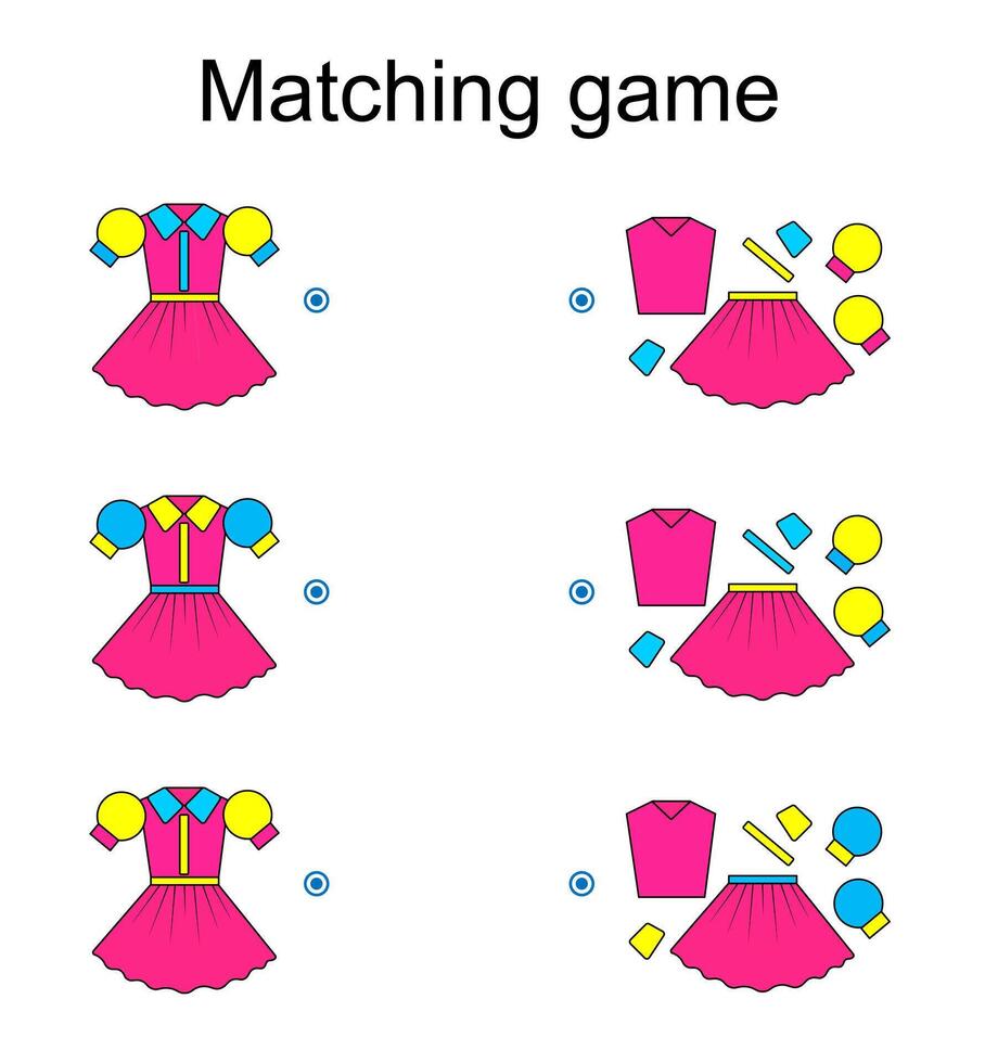 Matching game for kids. Find the correct color of cartoon dress and match. vector