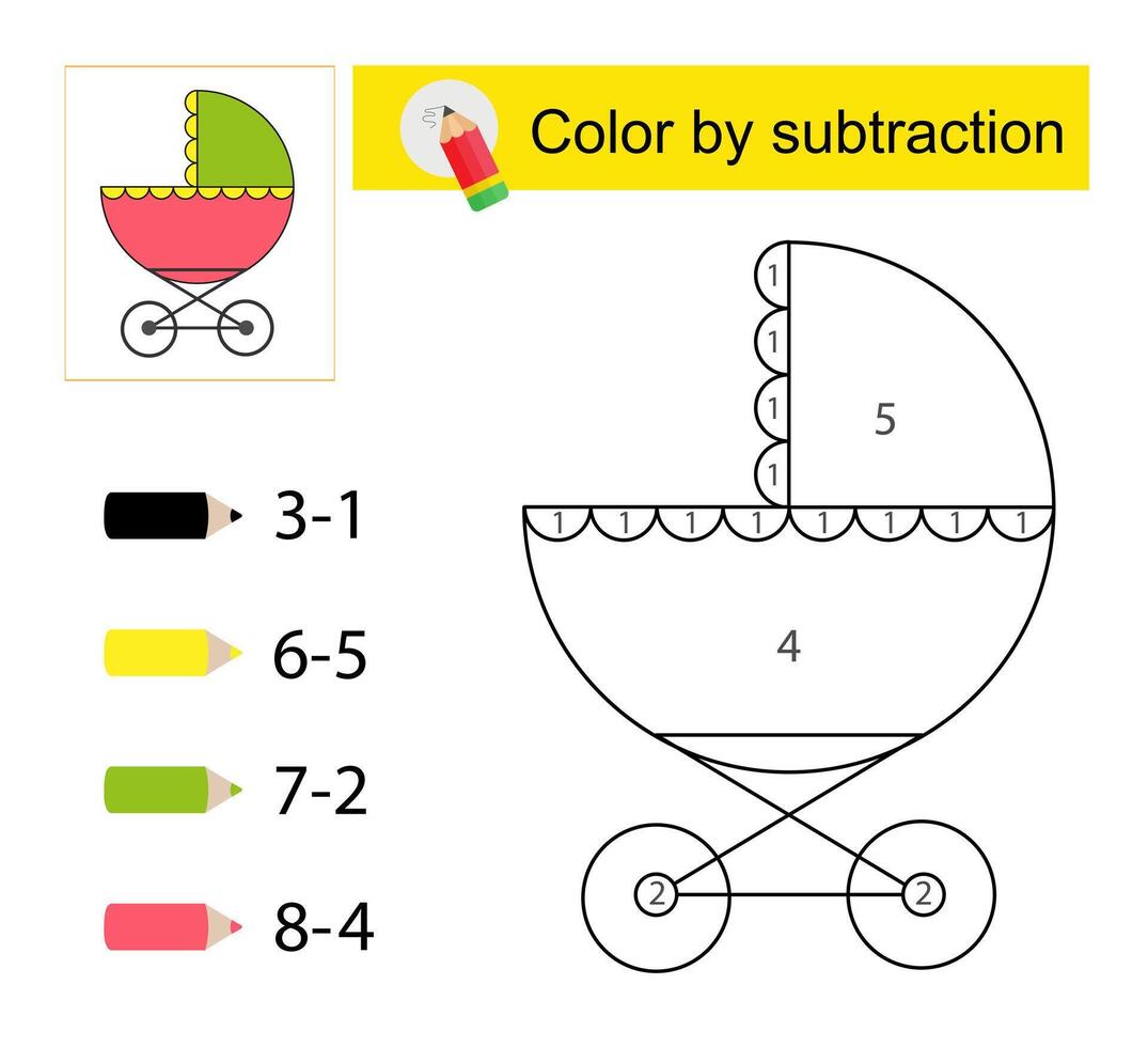 olor by subtraction. illustration for children education. Cartoon baby carriage. vector