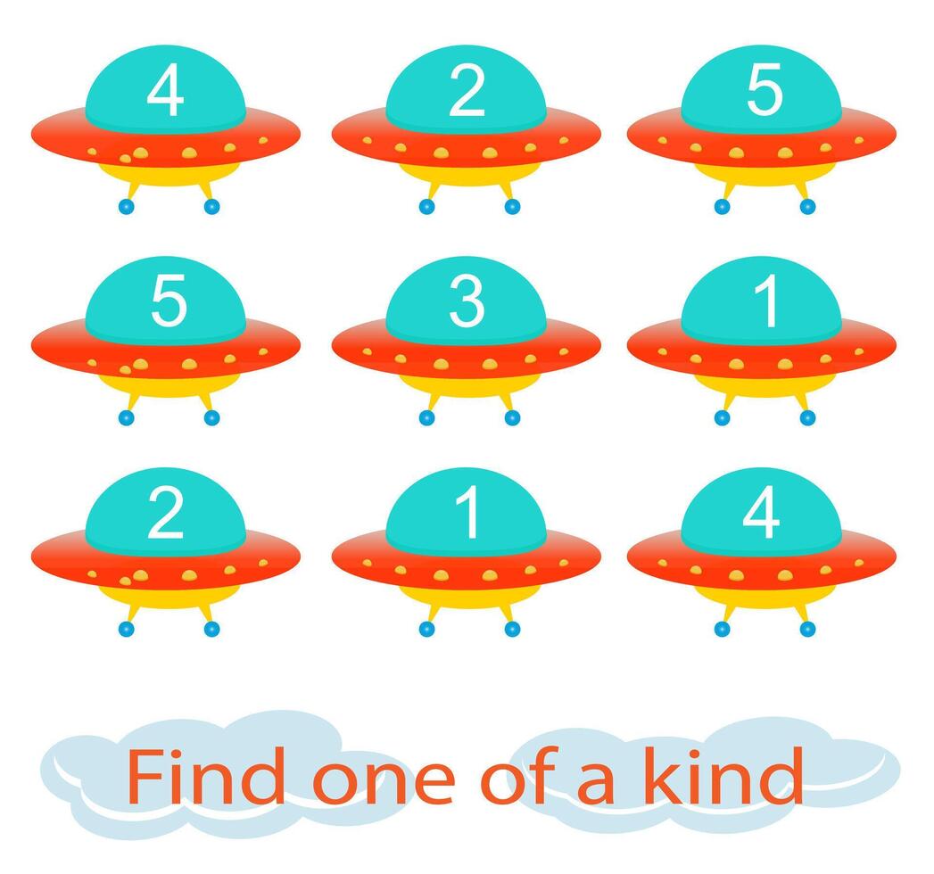 Fun education game for kids. Need to find one of a kind flying saucer. Kids activity page. . vector
