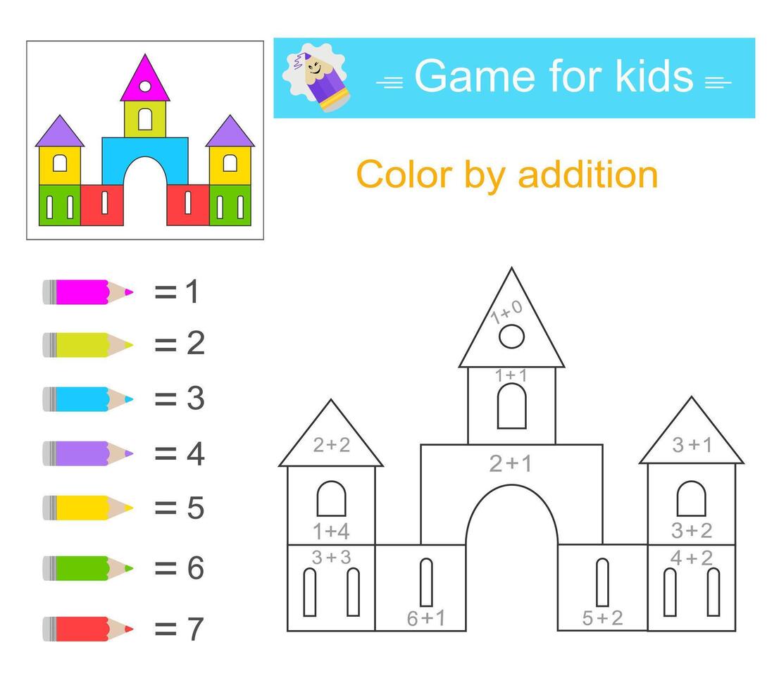 Color by addition. Math activity for kids. Developing numeracy skills. Number range up to 10 vector