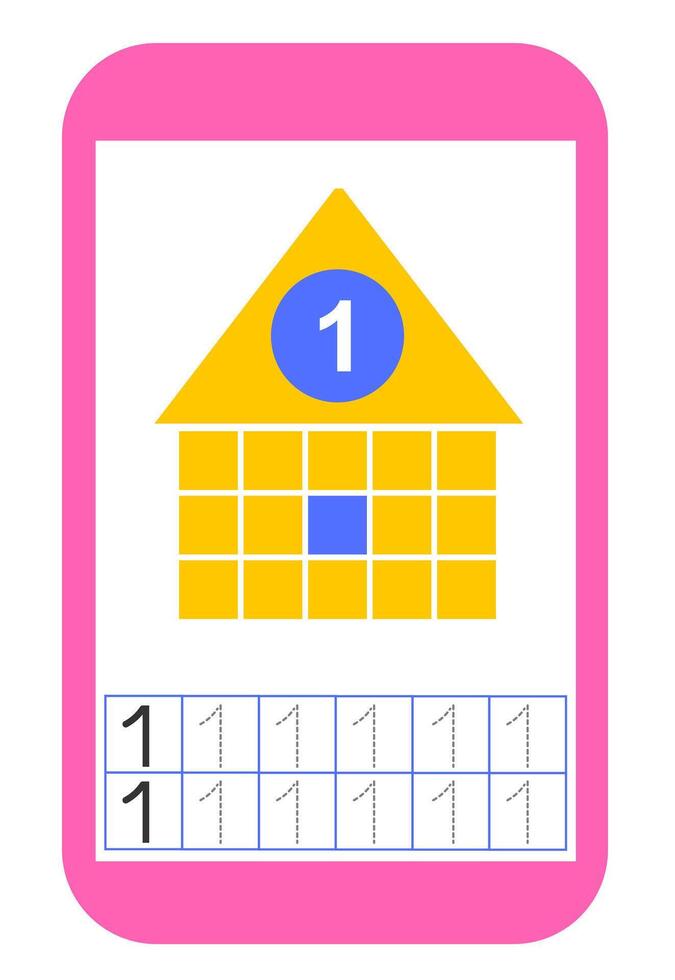 Educational material for kids. Preschool worksheet activity. Worksheet for training numbers. Number 1. vector