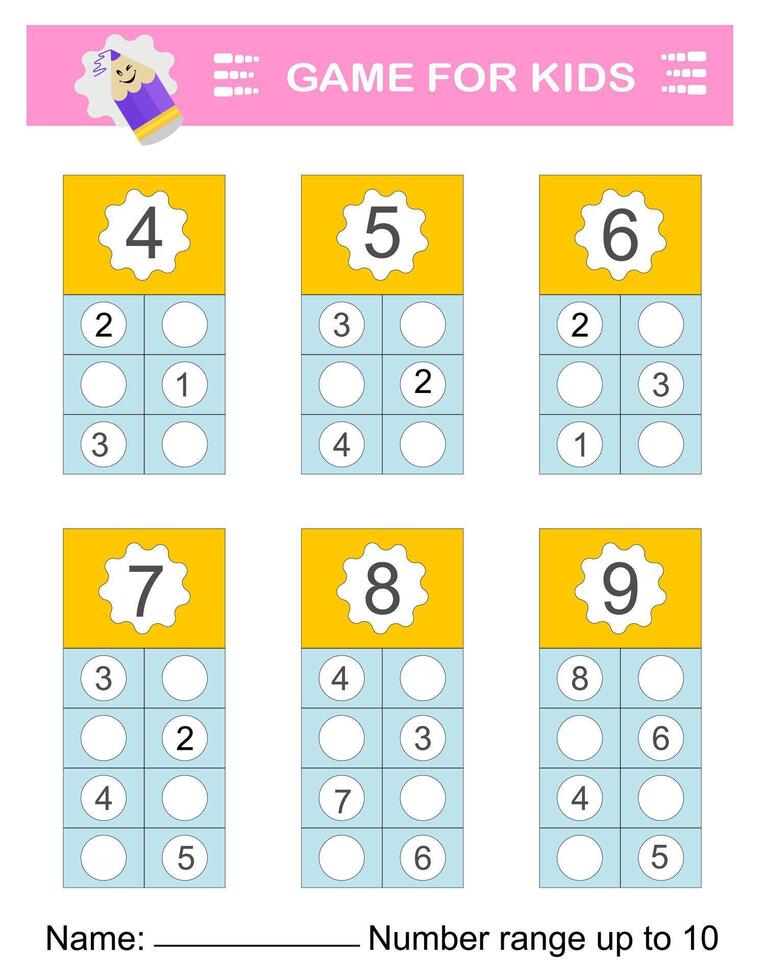 Math game for kids. Preschool worksheet activity. Printable worksheet. Number range up to 10. vector