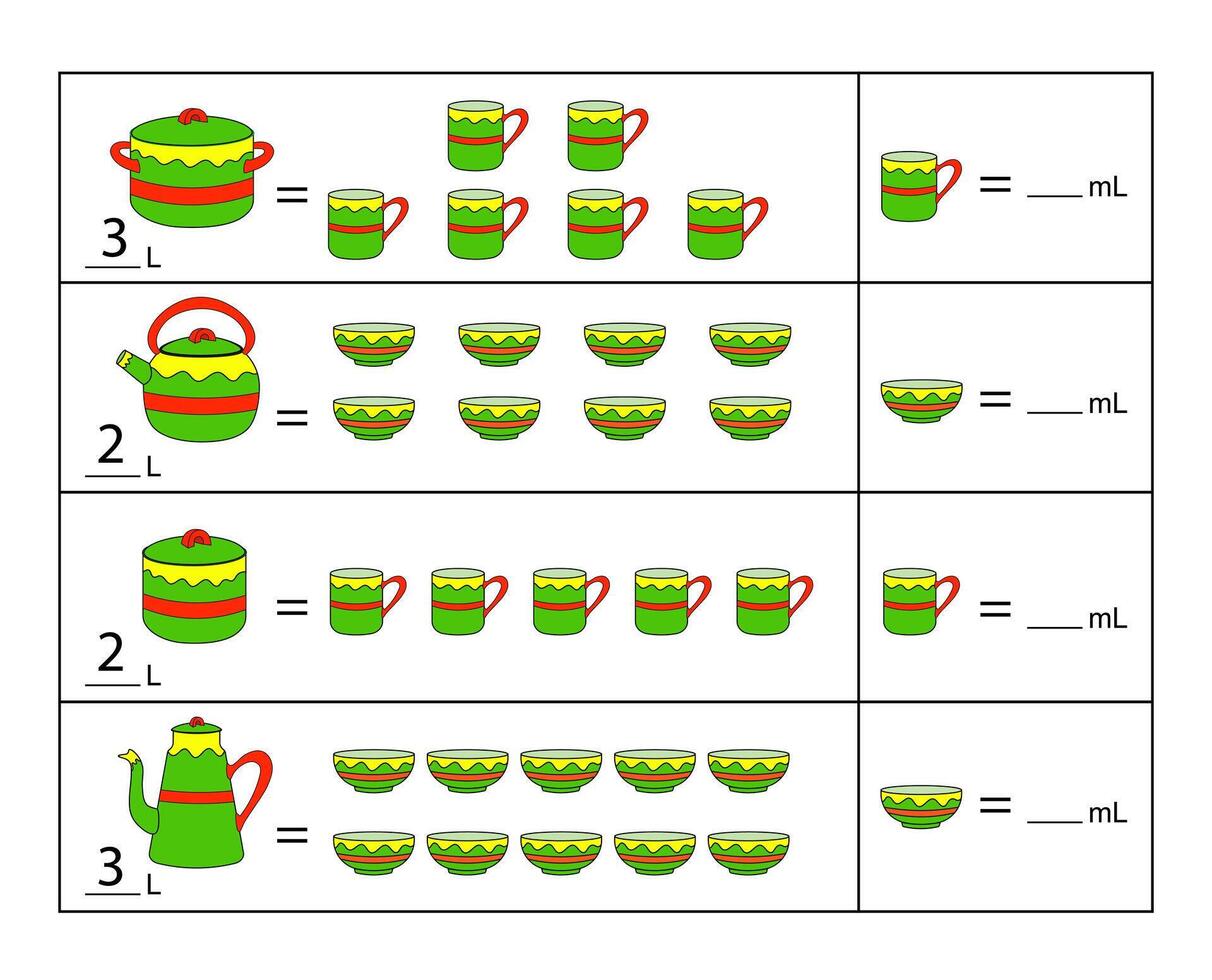 Educational game for kids. Write the capacity of each kitchenware. vector