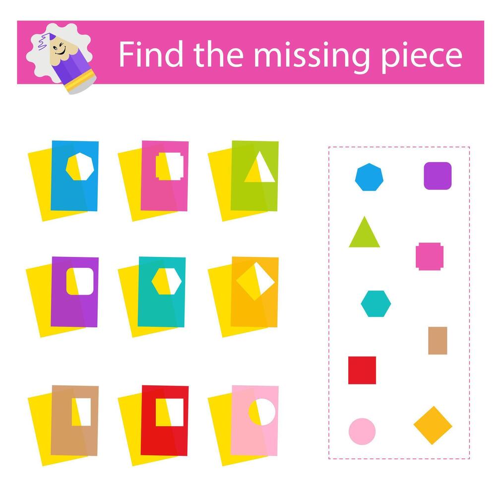 Puzzle game for kids. Find the missing piece for each sheet of paper. Children activity page. . vector