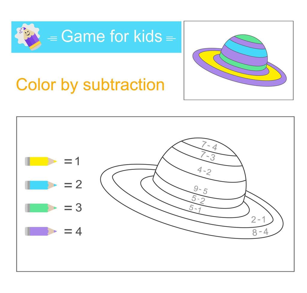 Color by subtraction. Math activity for kids. Developing numeracy skills. Number range up to 10 vector