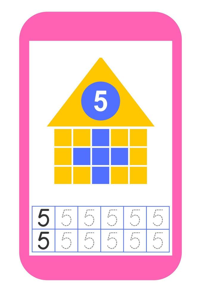 Educational material for kids. Preschool worksheet activity. Worksheet for training numbers. Number 5 vector