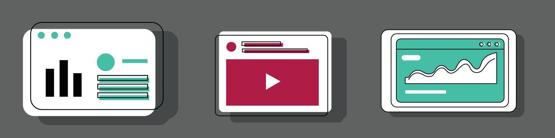 display design interface dashboard graph thin line wavy abstract, column graph, and symbol play button. vector