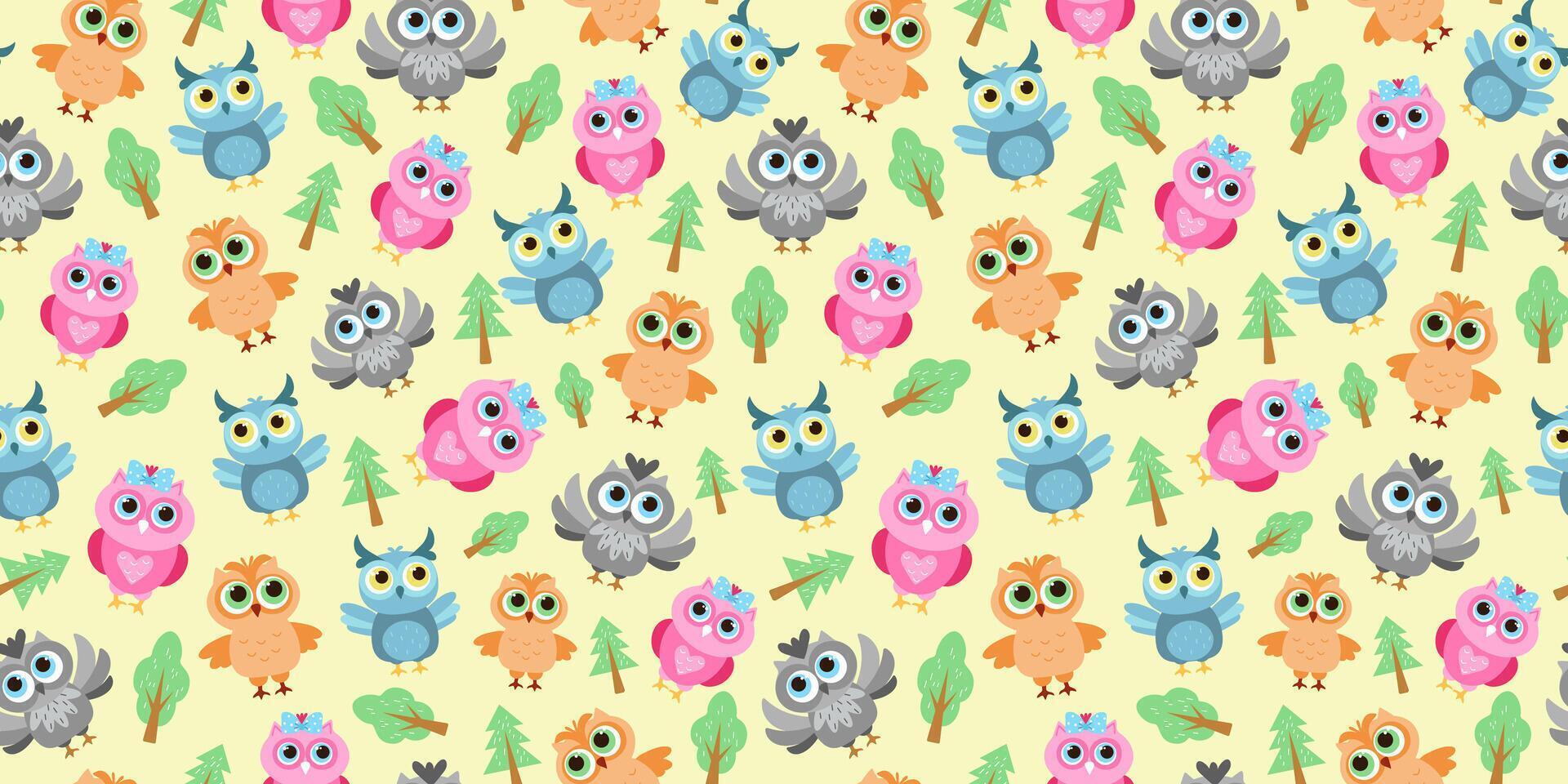 Cartoon owl pattern. Stylish, cute set cartoon bright owls. Collection of different bright birds. Seamless background. Wallpaper decor. vector