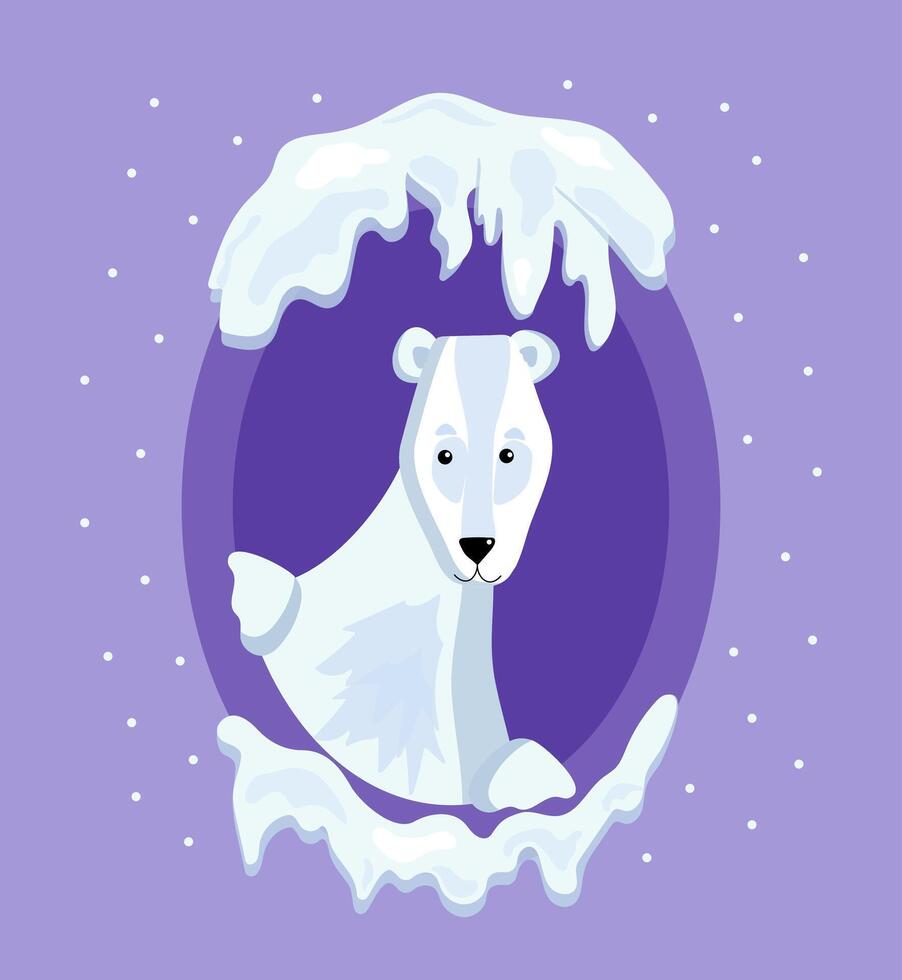 Cartoon polar bear, frame. Arctic animal, ice. International Polar Bear Day, card. Snow, winter, icicles. vector