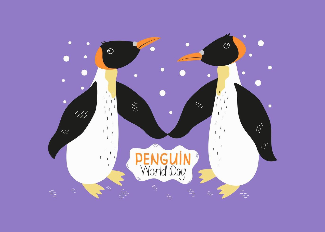 Banner, postcard pair Penguins. World Penguin Day, inscription, image with caption, flat cartoon illustration. A couple penguins, snow. Character, Antarctic animal, polar bird. vector