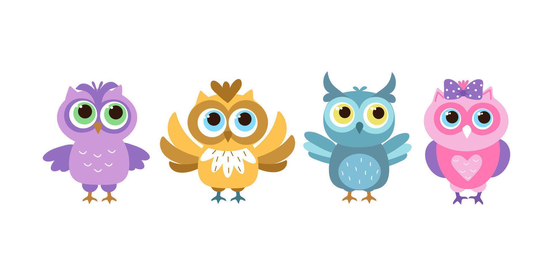 Stylish cute set cartoon owls. Collection of various birds for creative design projects, minimalistic cute bright set owls. Logo, illustration vector