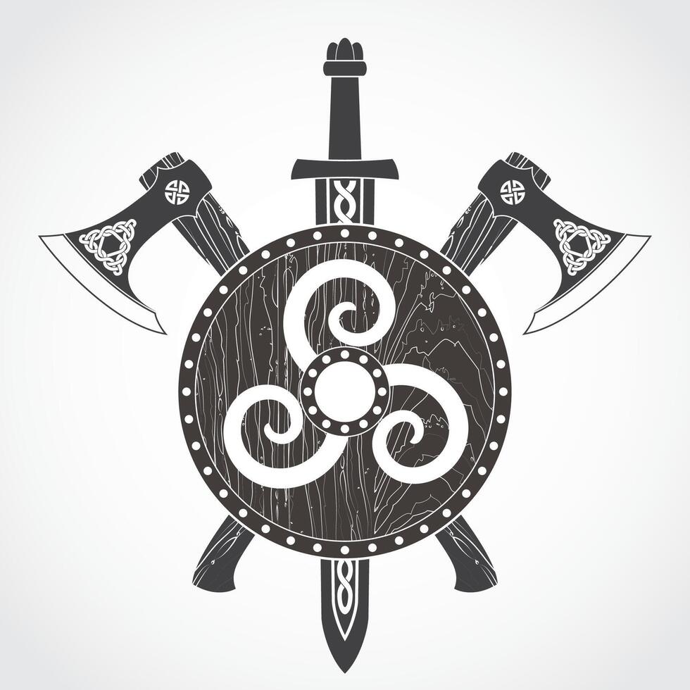 viking arms set shield axe and sword heraldry logo design vector