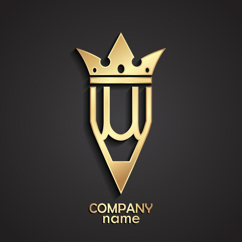 3d golden pencil with crown metal logo design vector