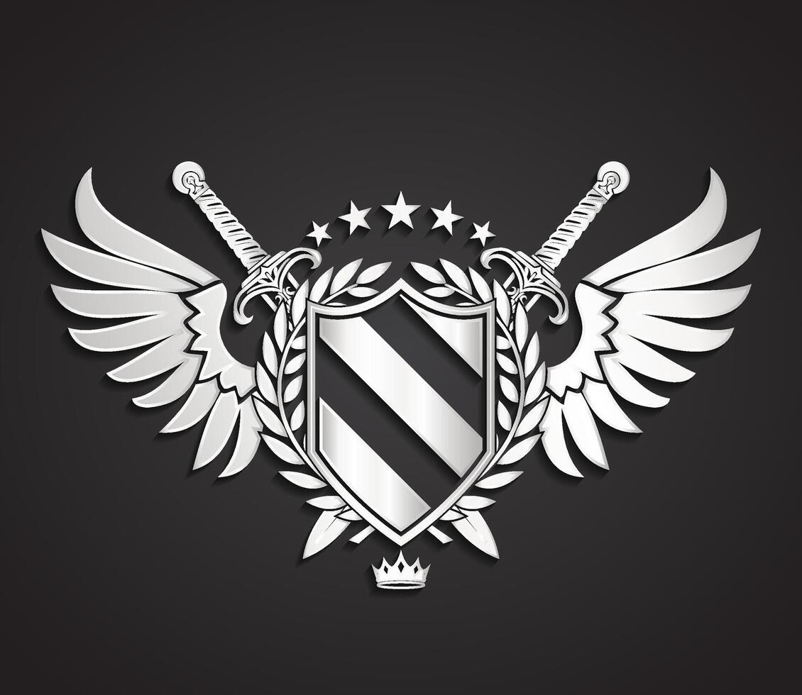 heraldry silver logo design royal shield symbol with wings swords stars crown and laurel wreath vector