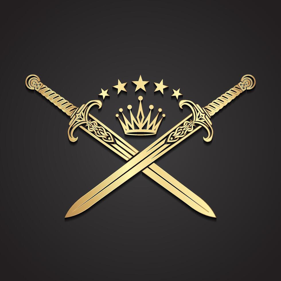 3d gold crossed swords with crown and stars vector