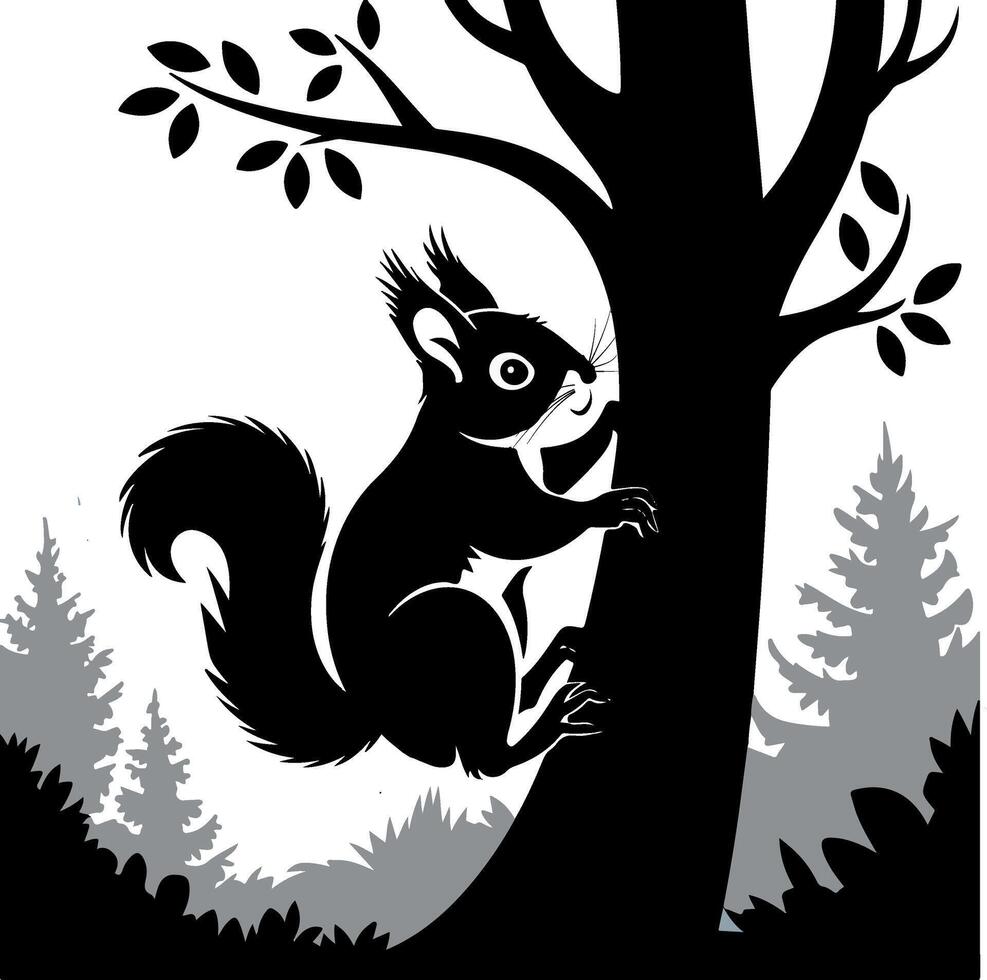 a squirrel climbing a tree, silhouette vector