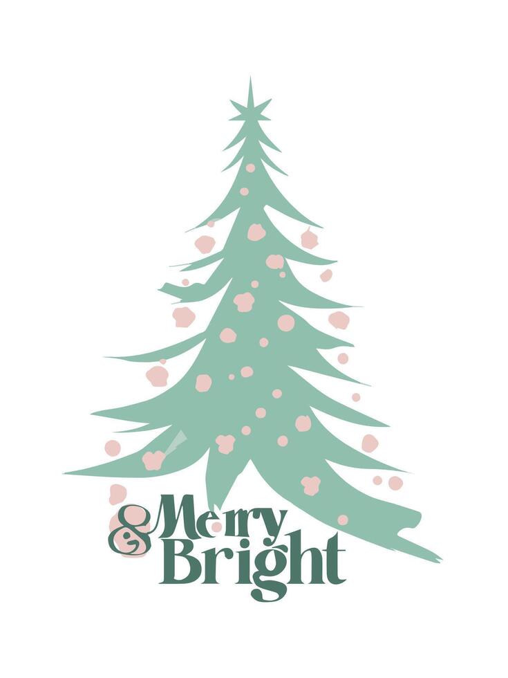 Christmas tree illustration, Merry and Bright typography vector