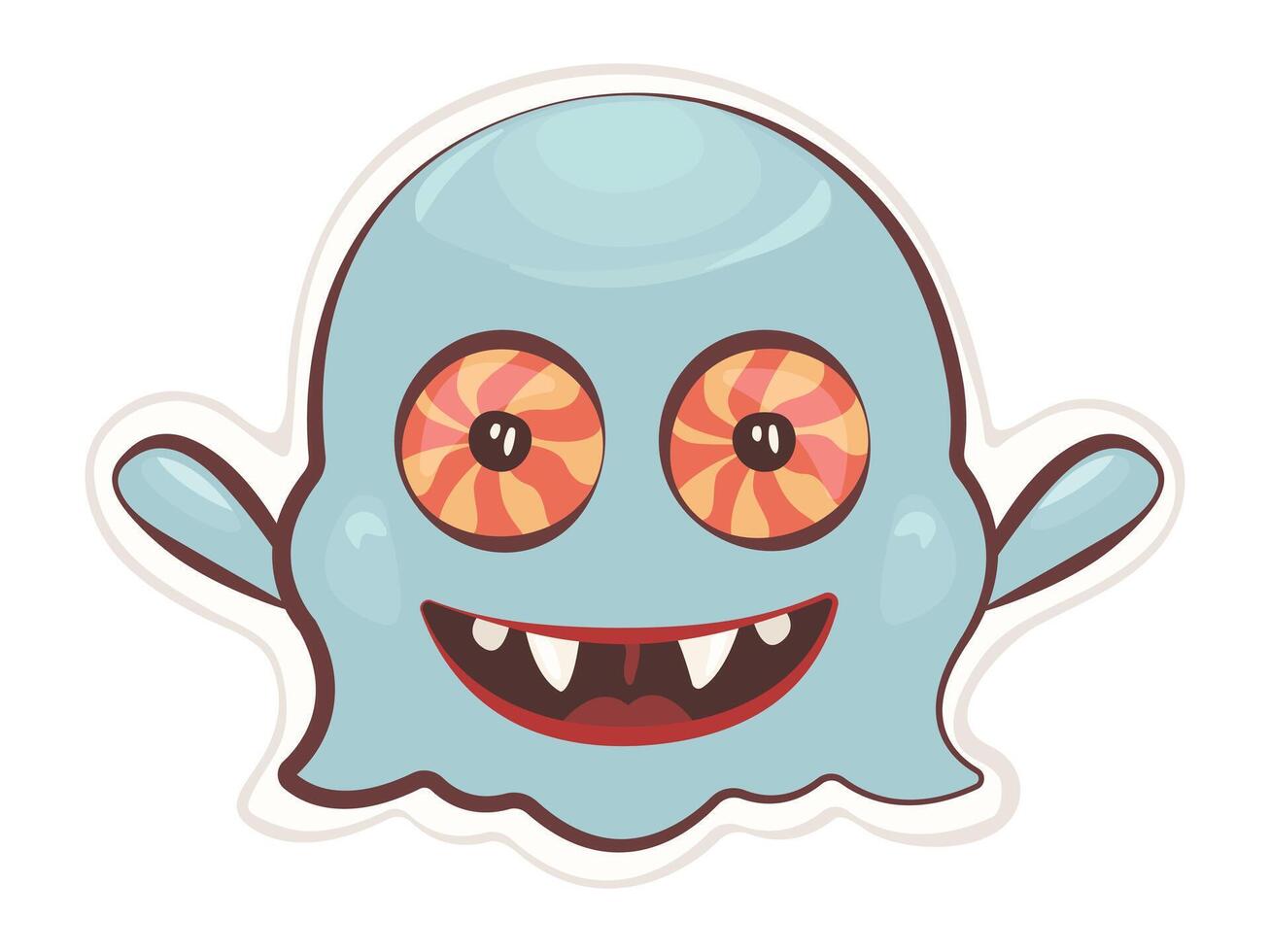 Cute groovy monster sticker, blue character, hippy and trippy ghost avatar, trendy funky illustration of a psychedelic brownie vector