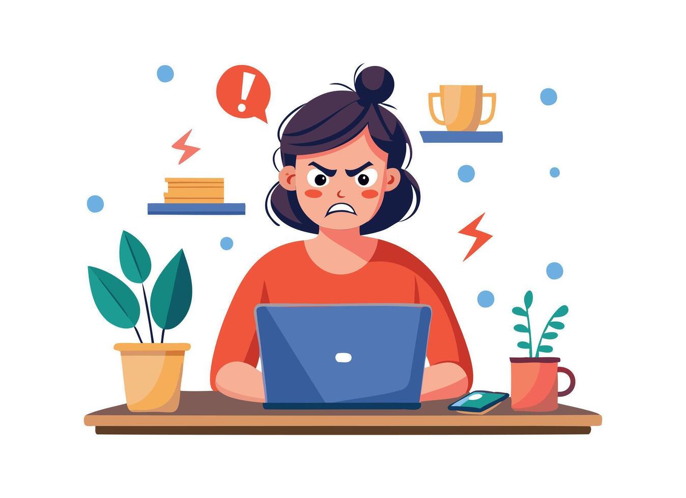 Engaging Workspace Illustration with Angry Worker Woman, Laptop and Plants vector