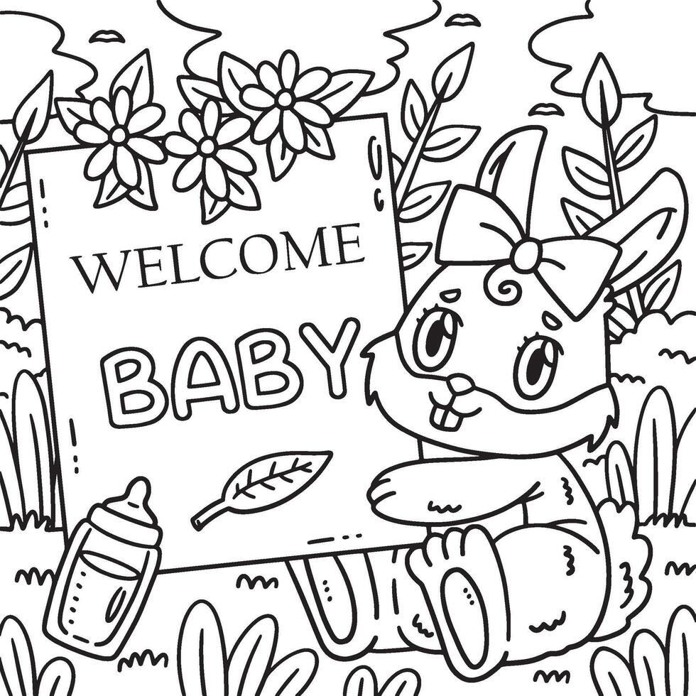Baby Shower Bunny with Plaque Coloring Page vector