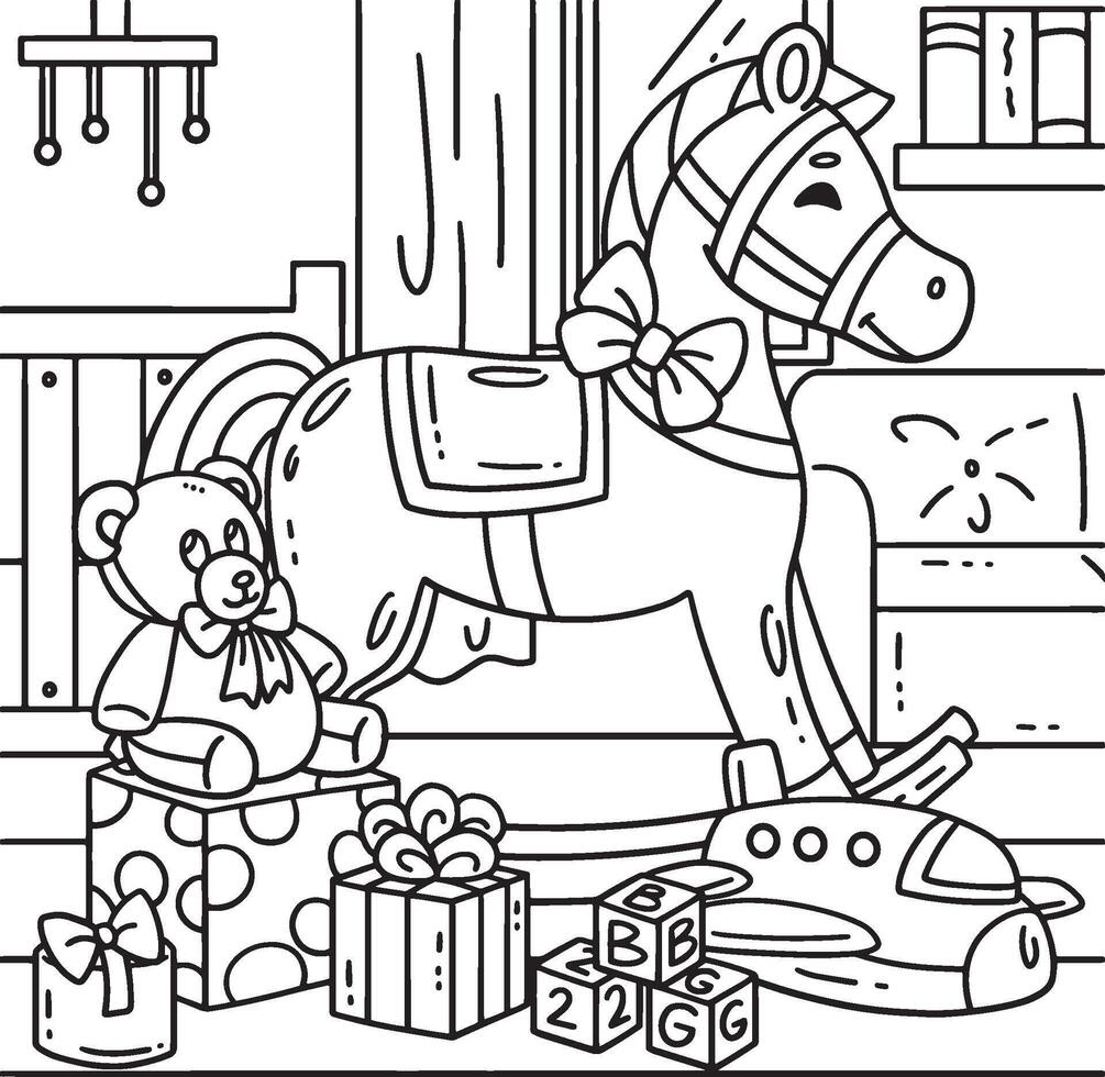 Baby Shower Toy Horse with Presents Coloring Page vector