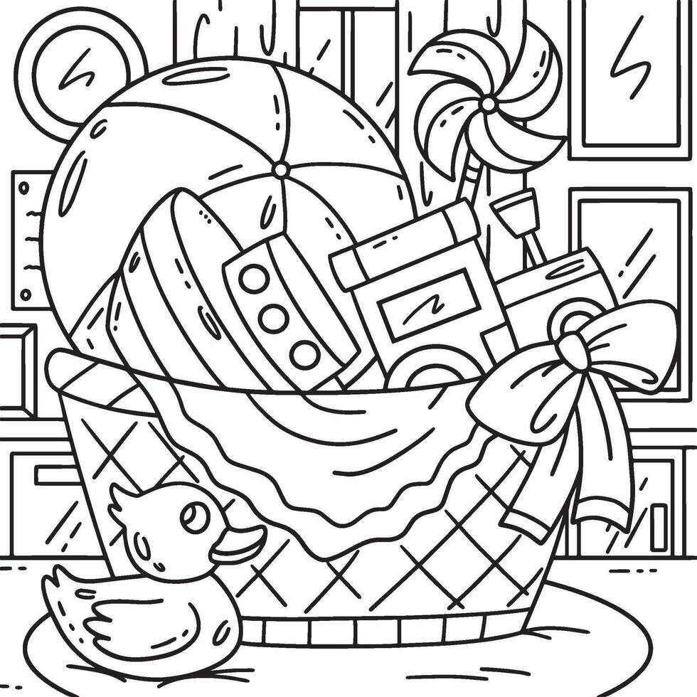 Baby Shower Basket of Baby Toys Coloring Page vector