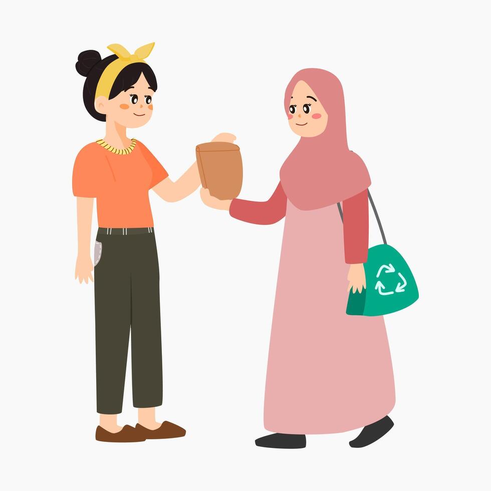 illustration of a girl gives a paper bag to a muslim girl vector