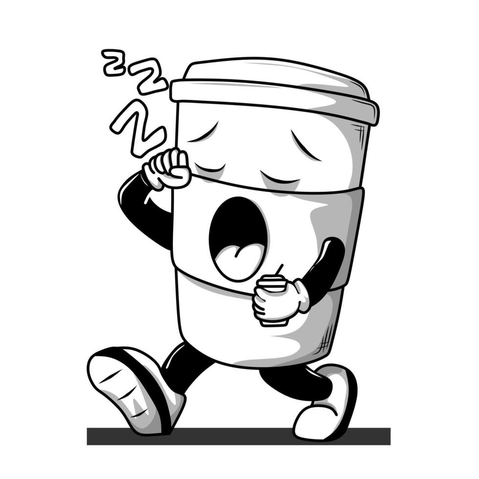 Cute Yawning Coffee Cup Cartoon Mascot Lineart vector