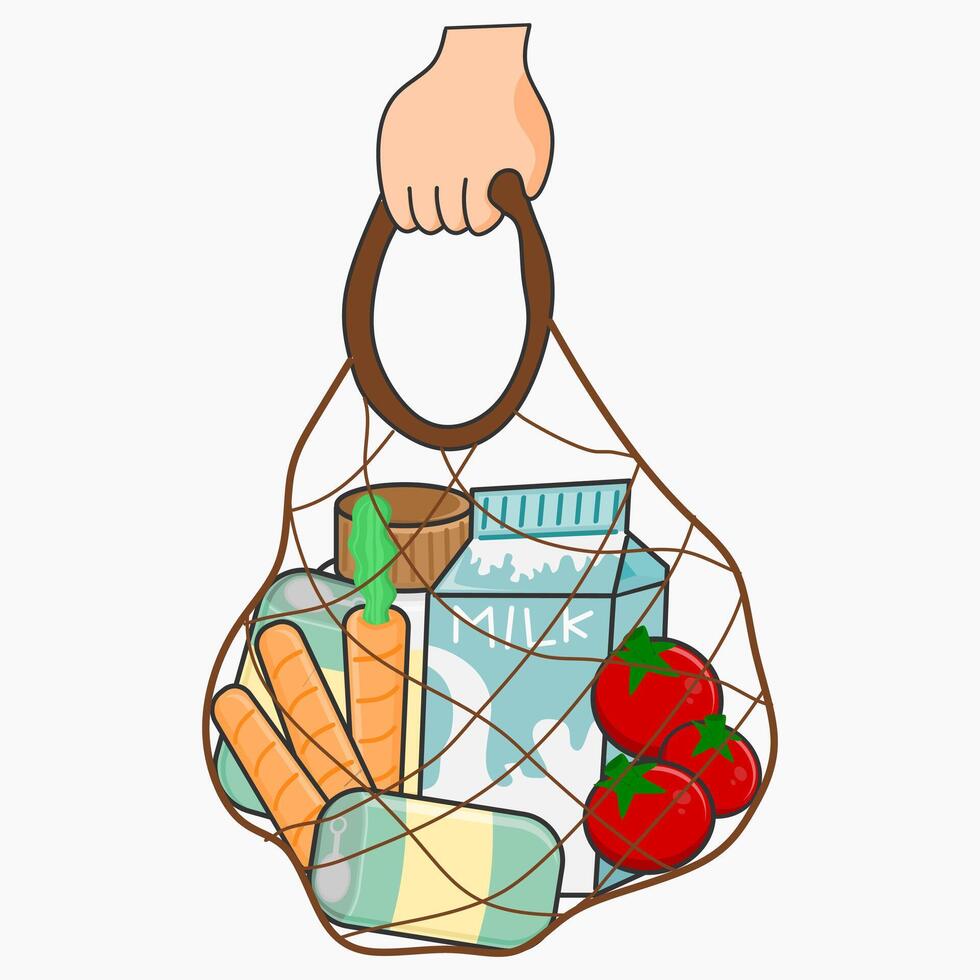 hand holding a grocery bag with vegetables and milk vector