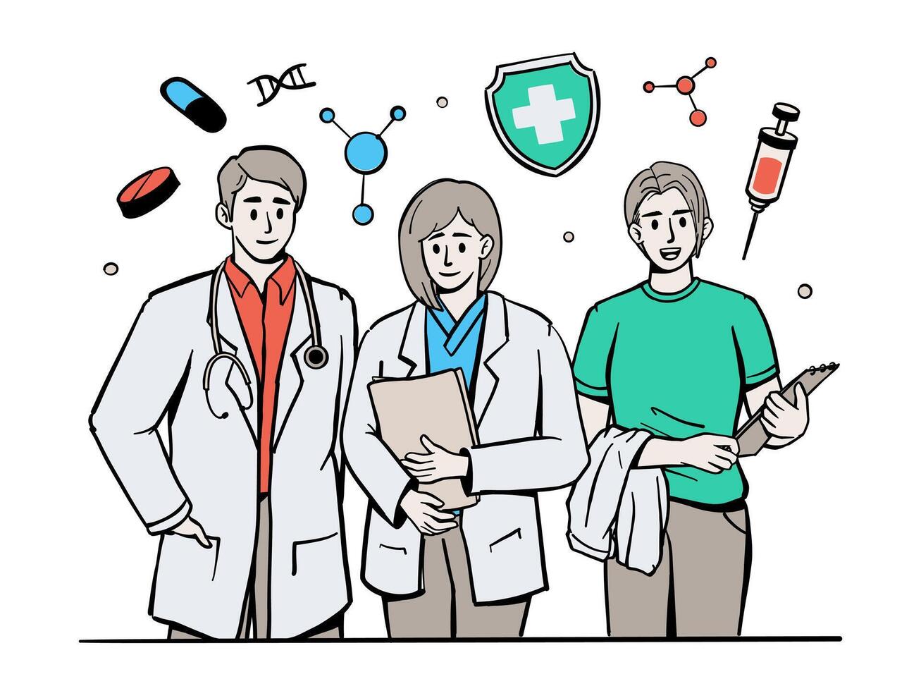 Hand-drawn illustration of a diverse team of healthcare professionals vector