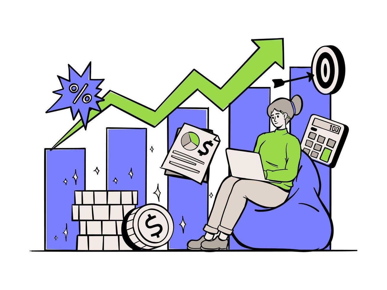 Hand-drawn illustration of a person analyzing financial growth and trends vector