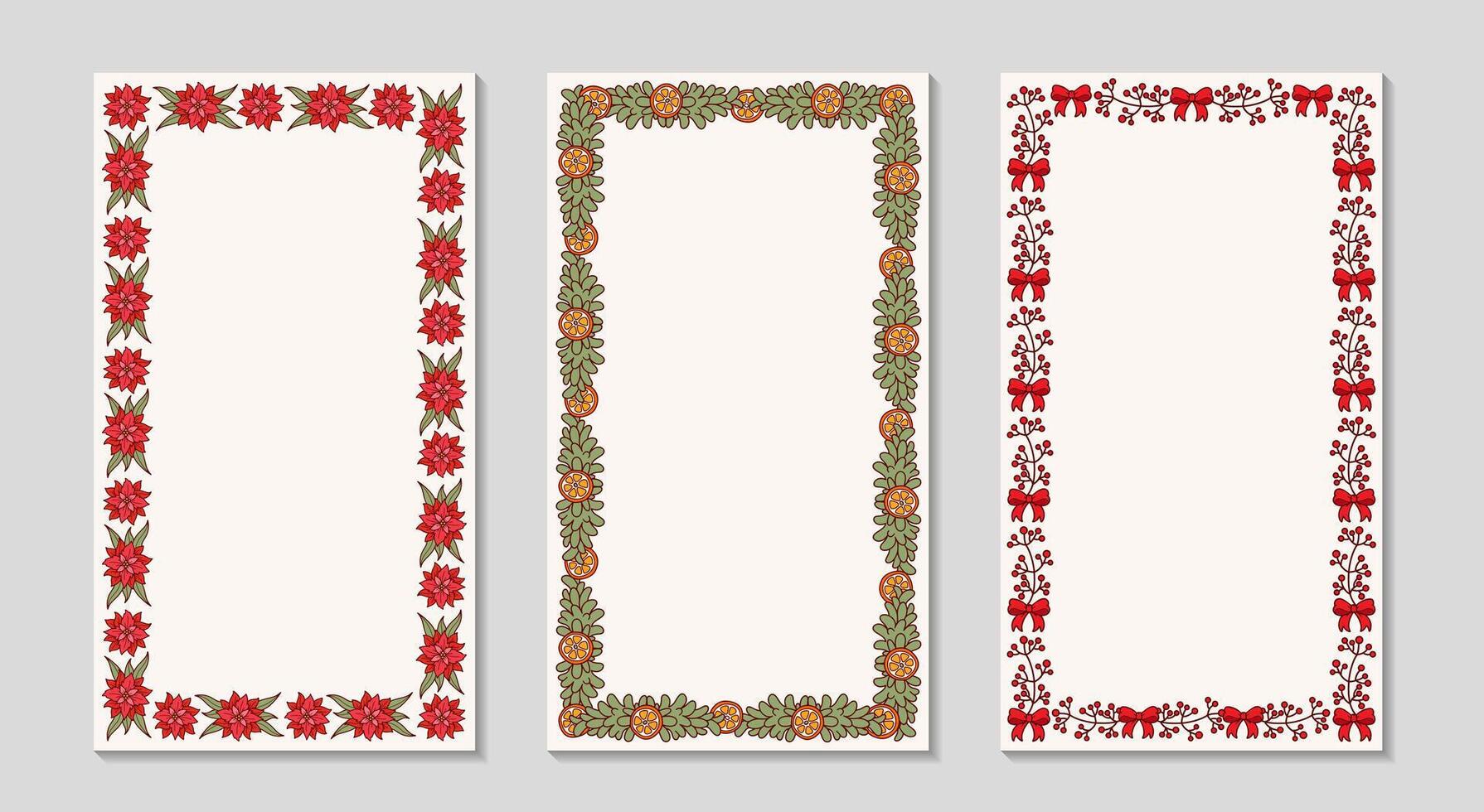 Christmas frame set for Social media Stories. Spruce branches with slices of orange, poinsettia, holly berries. Christmas holidays vertical templates. Winter sale and social media illustration vector