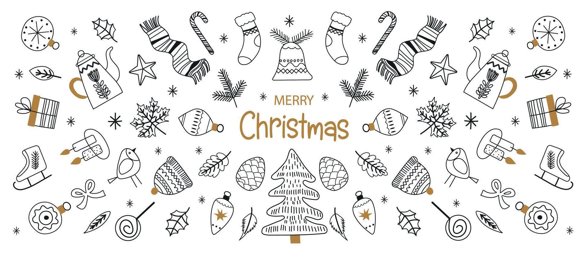Hand drawn doodle sketch christmas elements. Holiday ornament, rustic wreath sketch doodle. Winter banner. Sketch art for holiday greetings cards vector