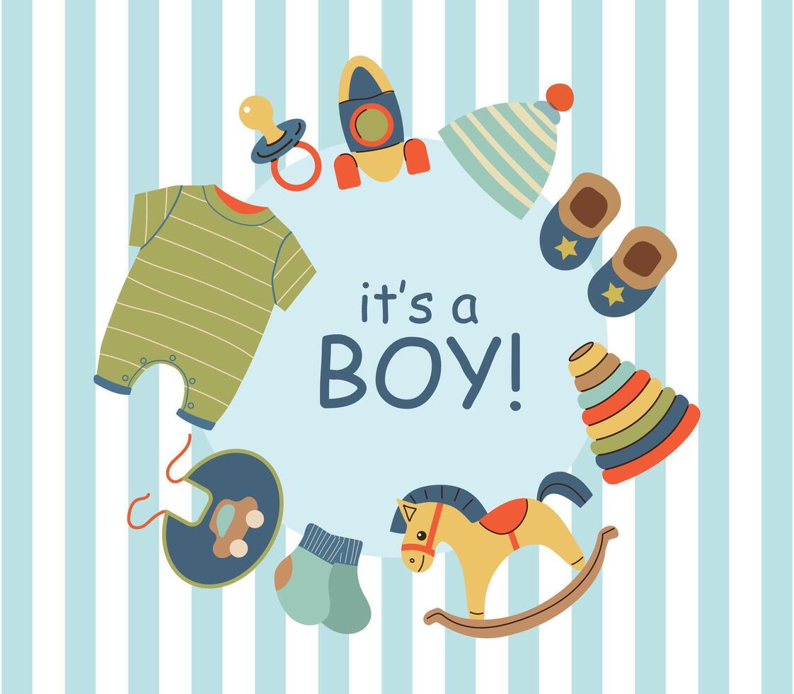 It's a boy. Baby shower party invitation. Invitation with baby clothes and accessories. Template for party invitation, poster, greeting card. Graphic elements for design of baby birthday and party. vector