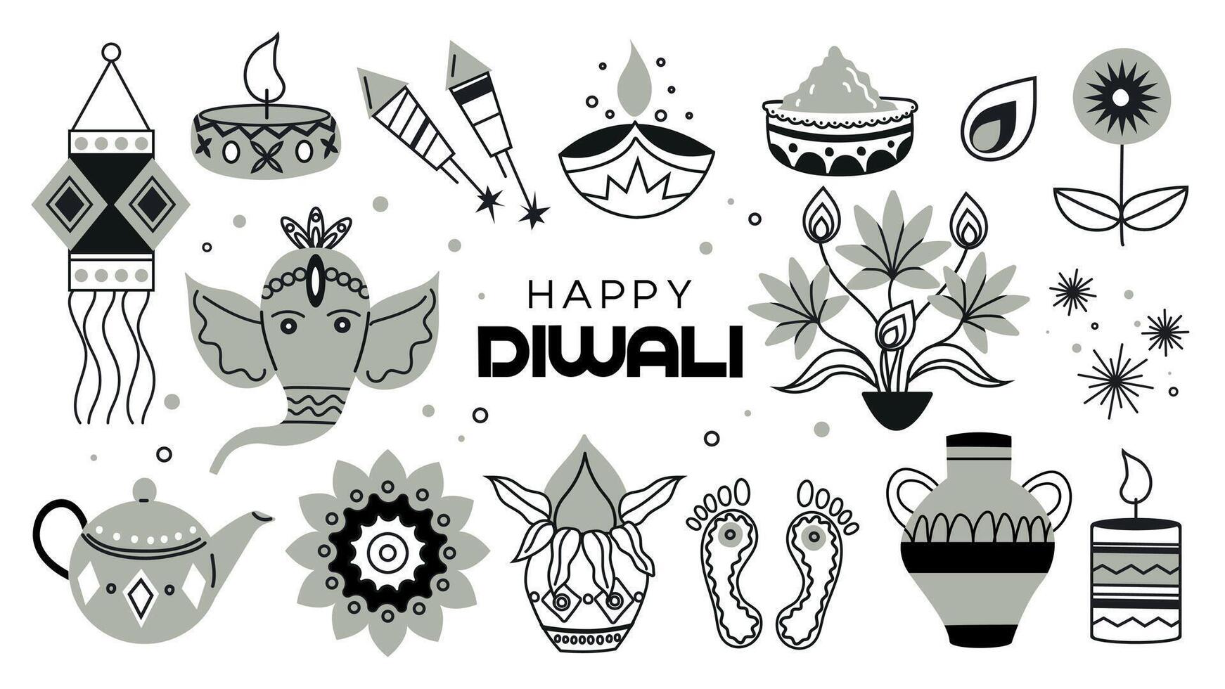 Set of Diwali elements for festive decor. Traditional Indian festival of Diwali lights. Illustration Iin flat style on a white background. vector
