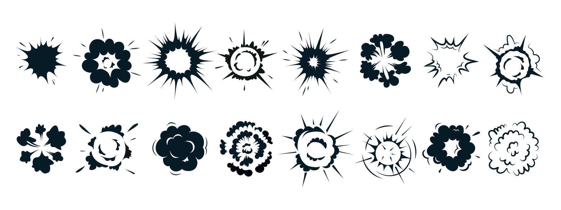 Radial explosive effect. Exploded bomb effect silhouettes set icon. Comic circle burst, round steam cloud, energy explosions, game VFX elements, speed bang power. vector