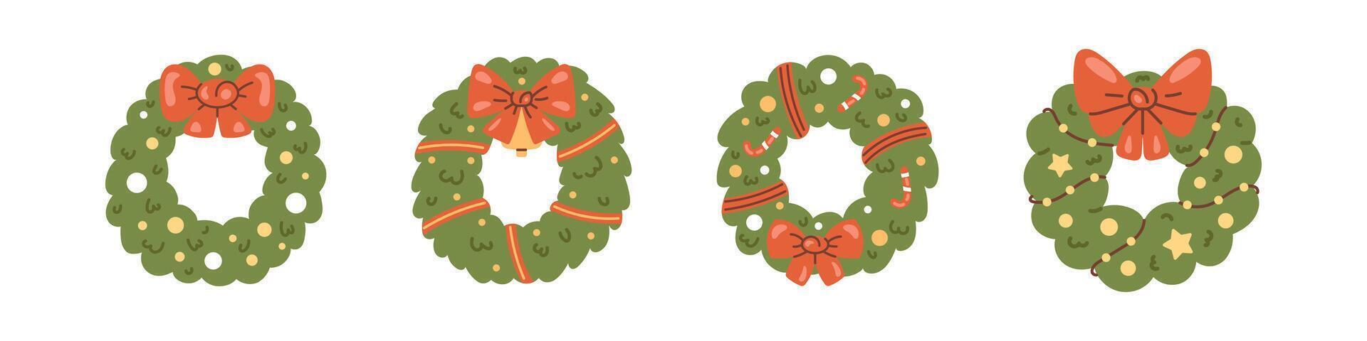 set of Christmas wreaths collection featuring holly, pine twigs, and festive decorations. Illustration of wreaths for winter celebrations and holiday greetings. Christmas and New Year design. vector