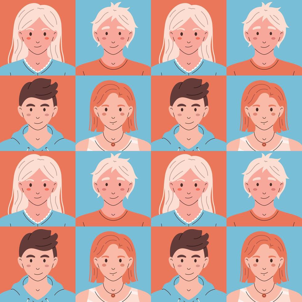 person avatars background. Seamless pattern with portraits of people. Social media avatar characters. Human faces. Girls and Boys. Wrapping design. vector