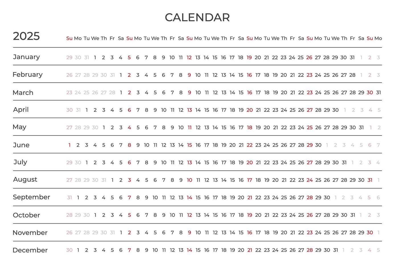 Linear calendar for 2025. Horizontal, week starts on Sunday, black and white, English. vector