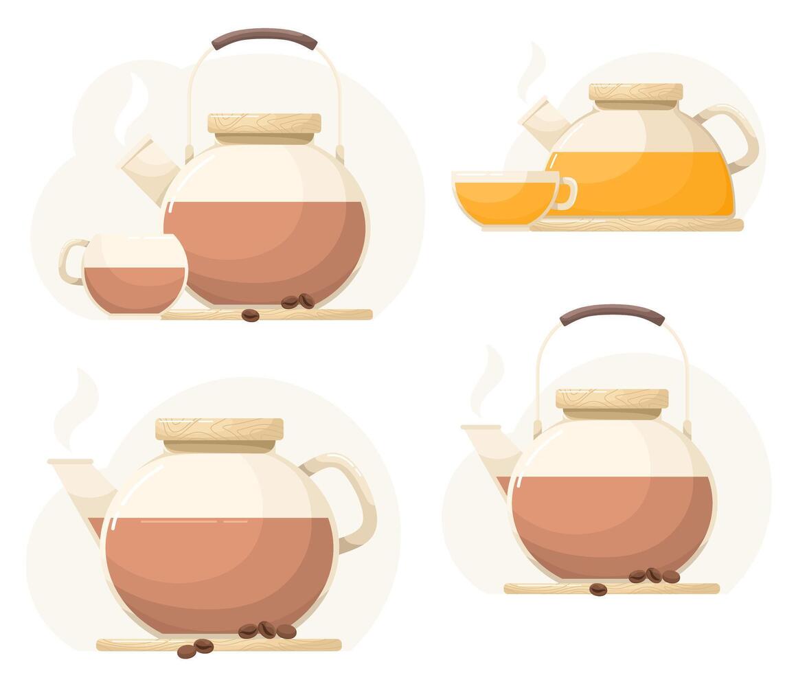 Coffee pots and glass teapots with coffee and sea buckthorn tea. Flat isolates of dishes with drinks. vector