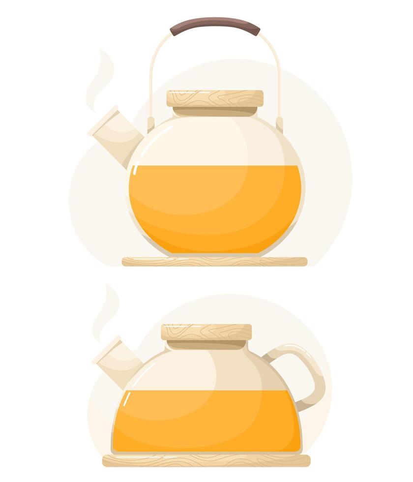 Glass teapots with sea buckthorn or mango tea, glass mug. Drink image in flat style. vector