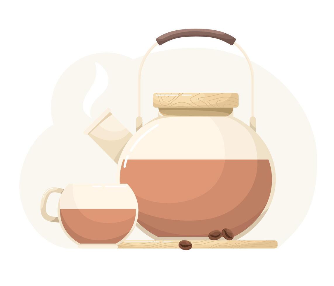 Glass coffee pot with coffee. Drink in tableware, flat style. vector