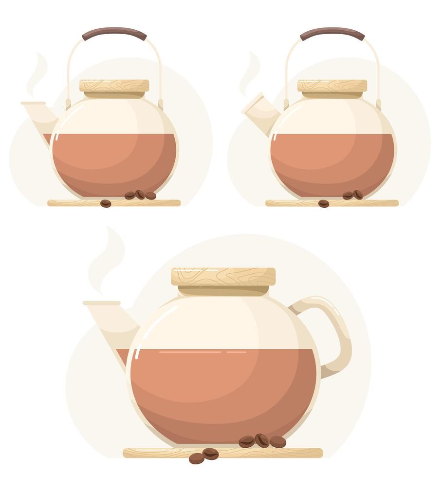 Glass coffee pots with coffee. Drink in tableware, flat style. vector