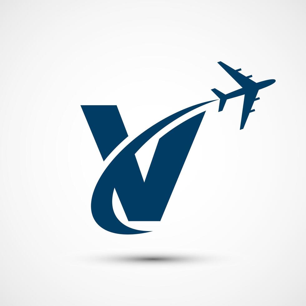Alphabet V with aero plane. Travel icon. Aviation logo sign, Flying symbol. Flight icon vector