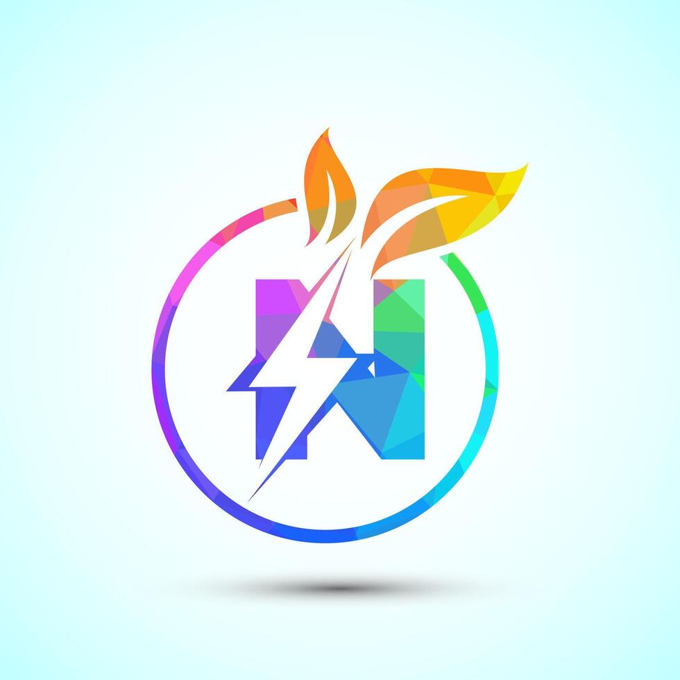 English alphabet N with thunderbolt and leaf. Eco energy saver icon, Nature power electric logo vector